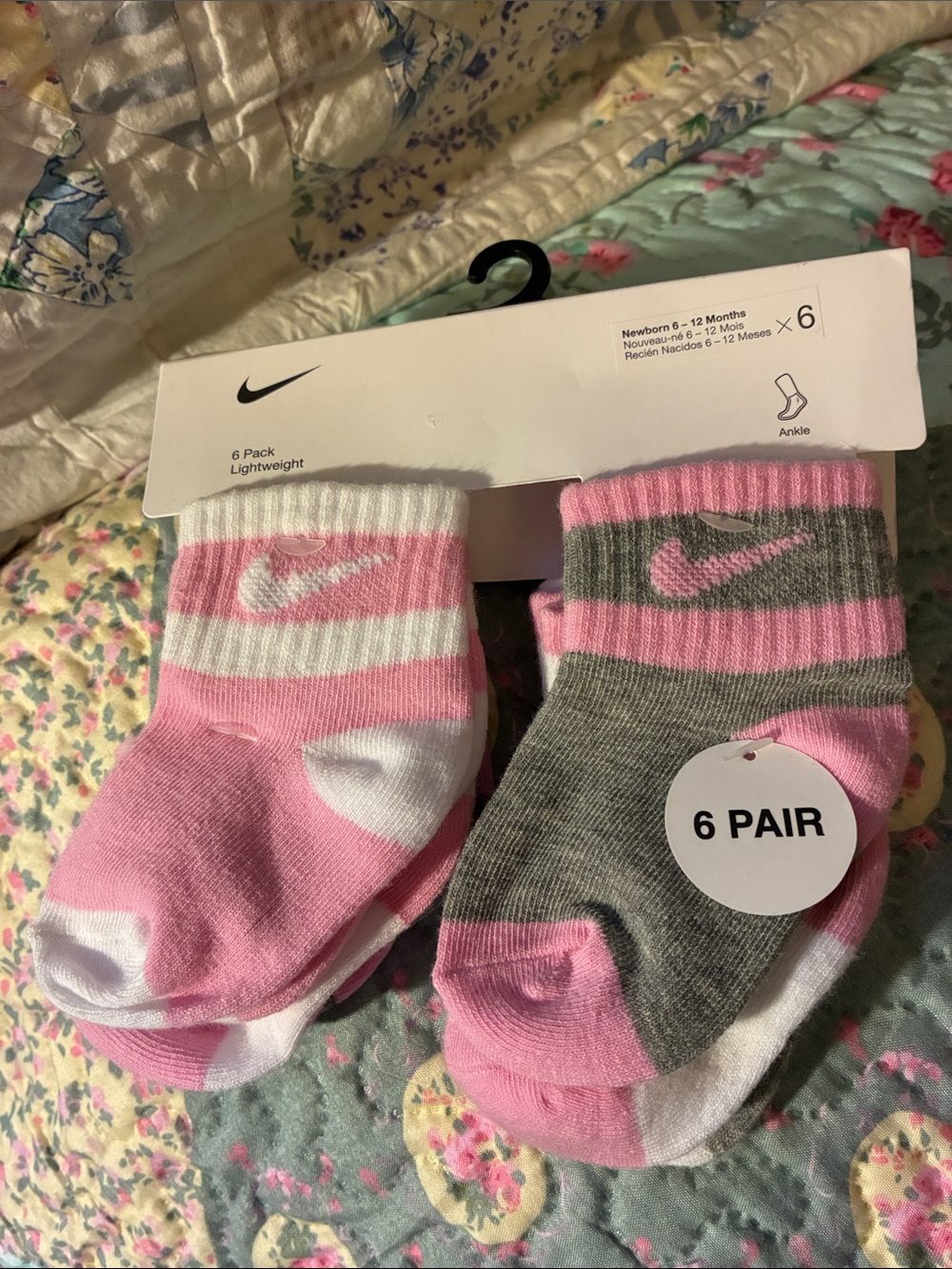 Nike Pink and Gray Baby Ankle Socks - 6 Pack